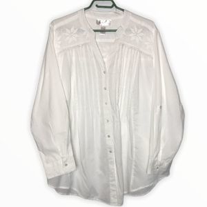 PINK PINEAPPLE Woman’s Boho White Long Sleeve Embroidered Button Down Blouse